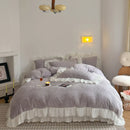 DecorBites™ French Carved Velvet Lace Ruffles Bedding Set, Coral Velvet Duvet Cover, Luxury Bed Sheet