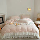 DecorBites™ French Carved Velvet Lace Ruffles Bedding Set, Coral Velvet Duvet Cover, Luxury Bed Sheet