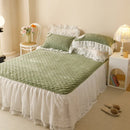 DecorBites™ Luxe Carved Velvet Lace Ruffles Bedding Set with Quilted Bed Skirt