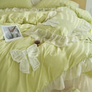 DecorBites™ Korean Lace Ruffles Queen Size Duvet Cover with Bow Detail - Romantic French Design