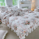 DecorBites™ French Floral Print Bedding Set: Duvet Cover, Lace Ruffles, Quilted Embroidery, Pillowcases