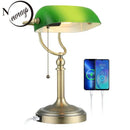 DecorBites™ Green Glass Bankers Desk Lamp with USB Charging Port and Pull Chain Switch