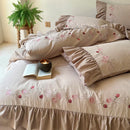DecorBites™ Korean Princess Style Embroidered Bedding Set with Pleated Ruffles in Egyptian Cotton