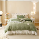 DecorBites™ Luxe Carved Velvet Lace Ruffles Bedding Set with Quilted Bed Skirt