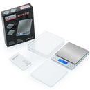 Brushed silver digital kitchen jewelry scale with blue lcd display