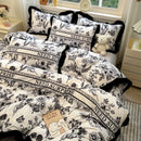DecorBites™ Korean Black White Hepburn Style Bedding Set with Lace Fitted Sheet Set