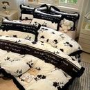 DecorBites™ Korean Black White Hepburn Style Bedding Set with Lace Fitted Sheet Set