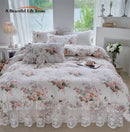 DecorBites™ French Floral Print Bedding Set: Duvet Cover, Lace Ruffles, Quilted Embroidery, Pillowcases