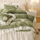 DecorBites™ Luxe Carved Velvet Lace Ruffles Bedding Set with Quilted Bed Skirt