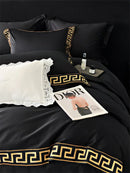DecorBites™ Gold Embroidery Duvet Set, Black Egyptian Cotton Bedding, 1000TC, Double King Queen