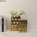 DecorBites™ Golden Square Ceramic Vase with Artificial Flowers for Room Aesthetic Decor