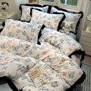 DecorBites™ Korean Black White Hepburn Style Bedding Set with Lace Fitted Sheet Set