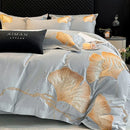 DecorBites™ Gold Ginkgo Leaf Embroidery Bedding Set - 100% Cotton Luxury 4Pcs