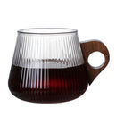 DecorBites™ Glass Coffee Mug with Wooden Handle, Japanese-Style Tea Cup, Vertical Stripes