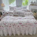 DecorBites™ French Floral Print Bedding Set: Duvet Cover, Lace Ruffles, Quilted Embroidery, Pillowcases