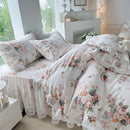 DecorBites™ French Floral Print Bedding Set: Duvet Cover, Lace Ruffles, Quilted Embroidery, Pillowcases