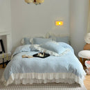 DecorBites™ French Carved Velvet Lace Ruffles Bedding Set, Coral Velvet Duvet Cover, Luxury Bed Sheet