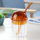Green 450ml striped glass cup with lid and straw kitchen glassware