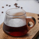 DecorBites™ Glass Coffee Mug with Wooden Handle, Japanese-Style Tea Cup, Vertical Stripes