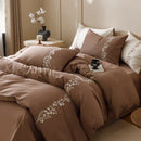 DecorBites™ Elegant Lily of the Valley Embroidery Brown Cotton Bedding Set