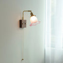 DecorBites™ Glass Pink LED Wall Sconce, Pull Chain Switch, Walnut Wood Bedside Lamp