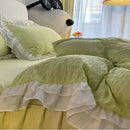 DecorBites™ Lace Trim Washed Cotton Bedding Set - 4Pcs Solid Color Duvet Cover & Bed Skirt