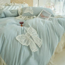 DecorBites™ Korean Lace Ruffles Queen Size Duvet Cover with Bow Detail - Romantic French Design