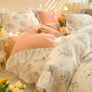 DecorBites™ Korean Princess Floral Ruffles Bedding Set: Single/Queen Duvet, Cover, & Pillowcases