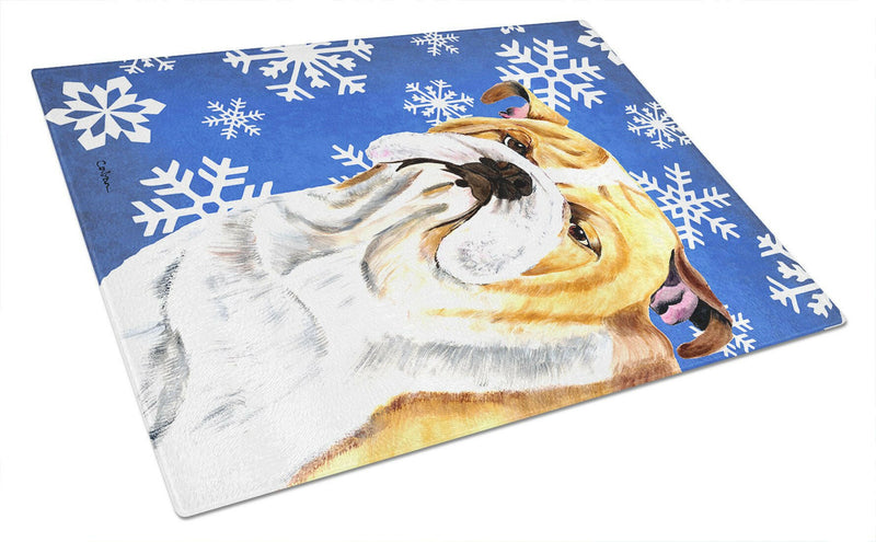 Bulldog English Winter Snowflakes Holiday Glass Cutting Board Large