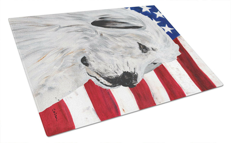 Great Pyrenees with American Flag USA Glass Cutting Board Large Size SC9642LCB