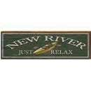 New River Just Relax Yellow Kayak Green Sign | Wall Art Print on Real Wood