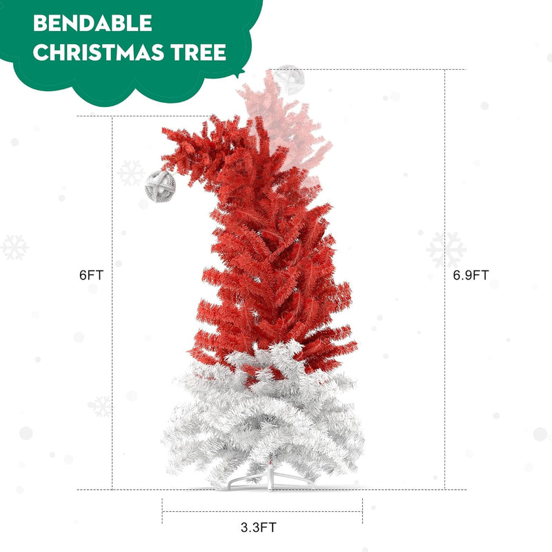 6ft Bendable Santa Hat Style Artificial Christmas Fir Tree Bent Top Xmas Tree with Metal Stand, 1050 Lush Branch Tips, Red