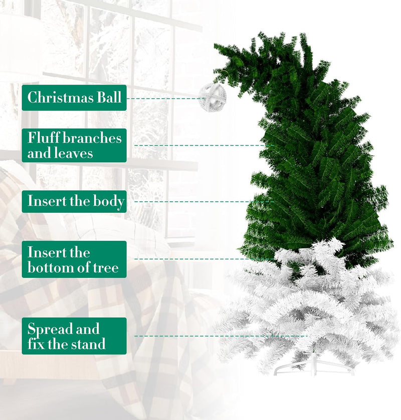 6ft Bendable Santa Hat Style Artificial Christmas Fir Tree Bent Top Xmas Tree with Metal Stand, 1050 Lush Branch Tips