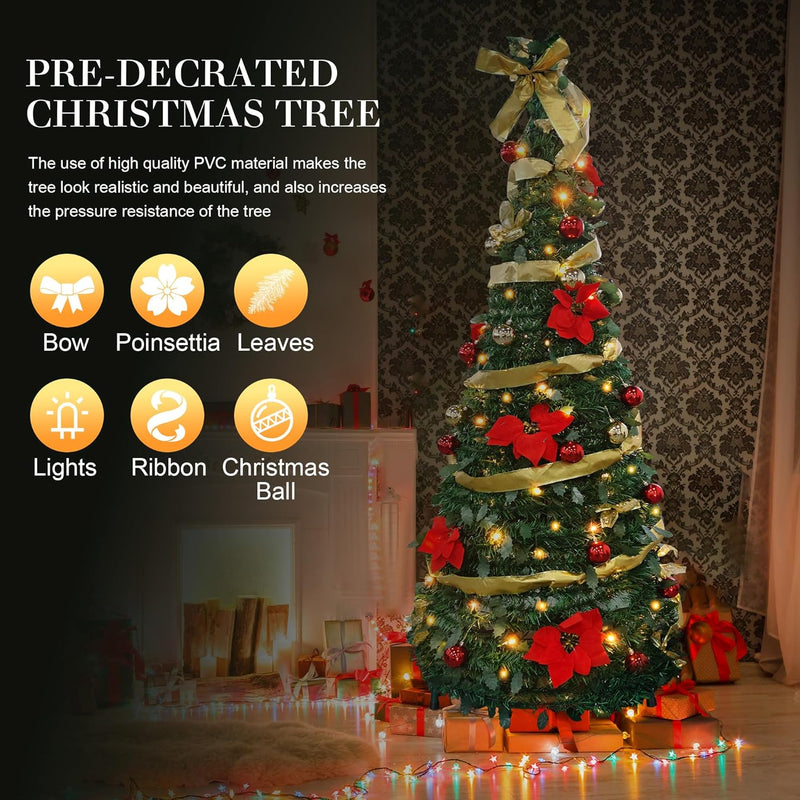 6ft Pre-Lit Collapsible Artificial Christmas Tree Pre-Decorated Pop Up Xmas Tree with 200 Lights, Gold and Red Balls, Bows, Flowers