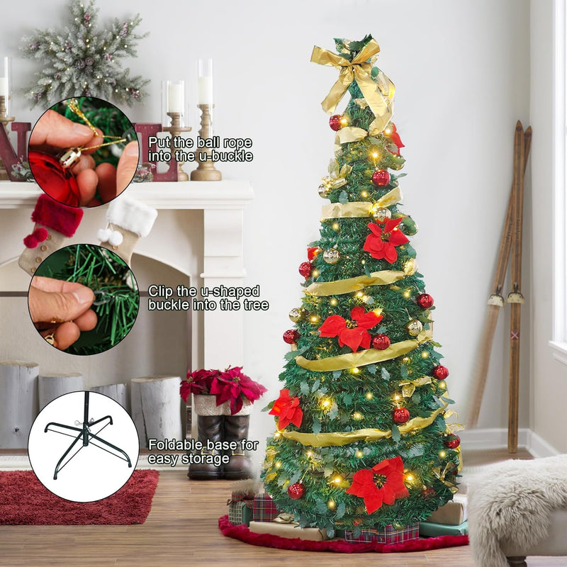 6ft Pre-Lit Collapsible Artificial Christmas Tree Pre-Decorated Pop Up Xmas Tree with 200 Lights, Gold and Red Balls, Bows, Flowers