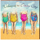 Welcome to Ocean City Lady Bathing Suits | Wall Art Print on Real Wood