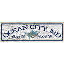 Ocean City, Maryland Blue Crab Wooden Sign | Wall Art Print on Real Wood | White Latitude Longitude Coastal Home Decor