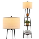 Modern Floor Lamp 3-Tier Bookcase Shelf with Round Drum Linen Lampshade