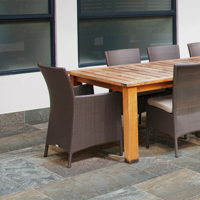 Golden white pattern gauged quartzite floor and wall tile SGLDQTZ-ASH-3-G product shot outdoor dinning view