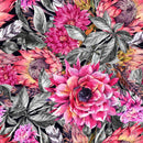 Fashionable Modern Grey Leaves and Pink Flowers Wallpaper