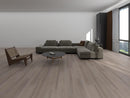 Modern living room with a gray sectional sofa, wooden chair, and round coffee table. SL-10VH
