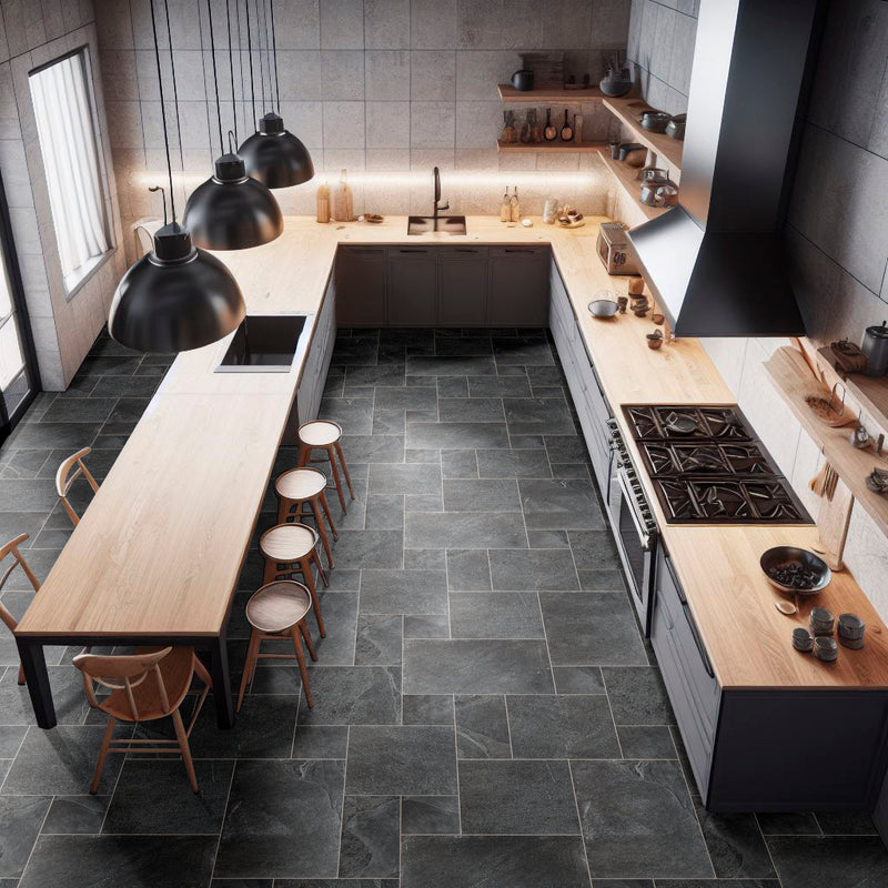 Montauk black pattern gauged slate floor and wall tile SMONBLK-ASH-3-G product shot top multiple kitchen view