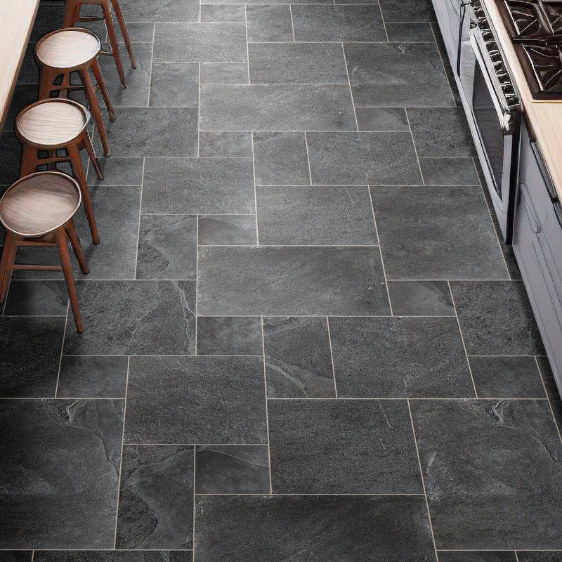 Montauk black pattern gauged slate floor and wall tile SMONBLK-ASH-3-G product shot top multiple kitchen view