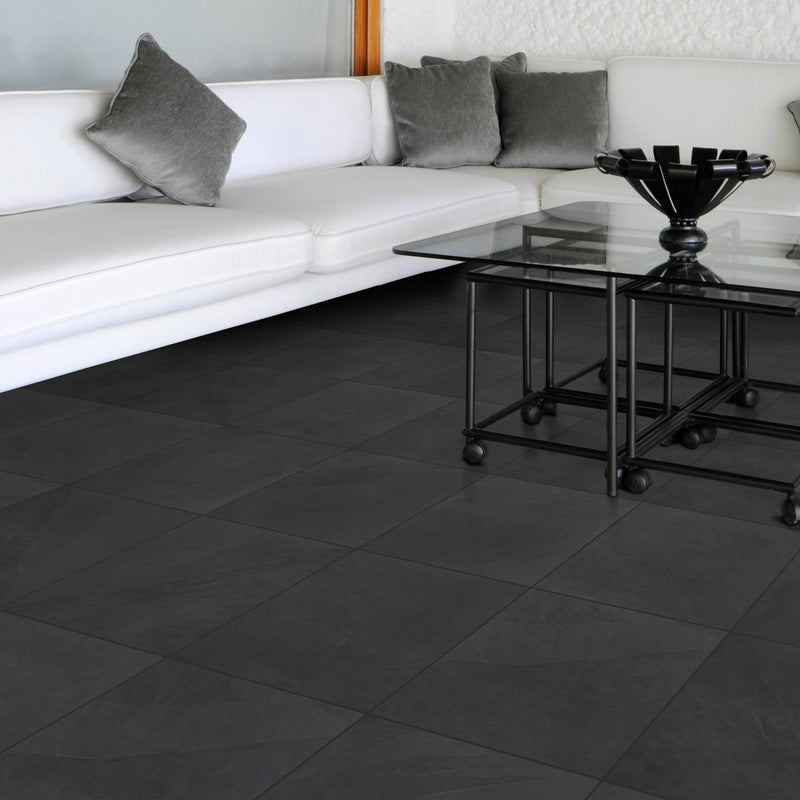 Montauk black 16 in x 16 in honed slate floor and wall tile SMONBLK1212H product shot sofa view