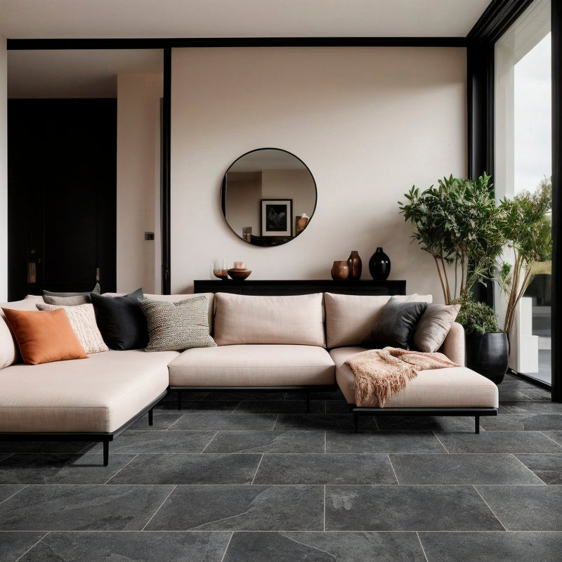 Montauk black 12 in x 24 in gauged slate floor and wall tile SMONBLK1224G product shot sofa view