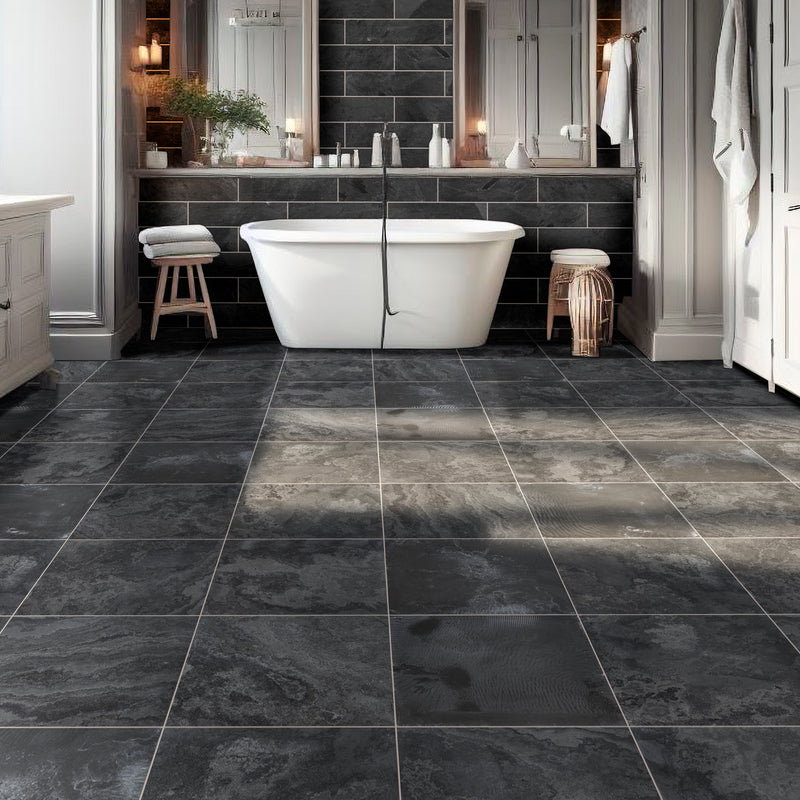 Montauk black 16 in x 16 in honed slate floor and wall tile SMONBLK1212H product shot bath view