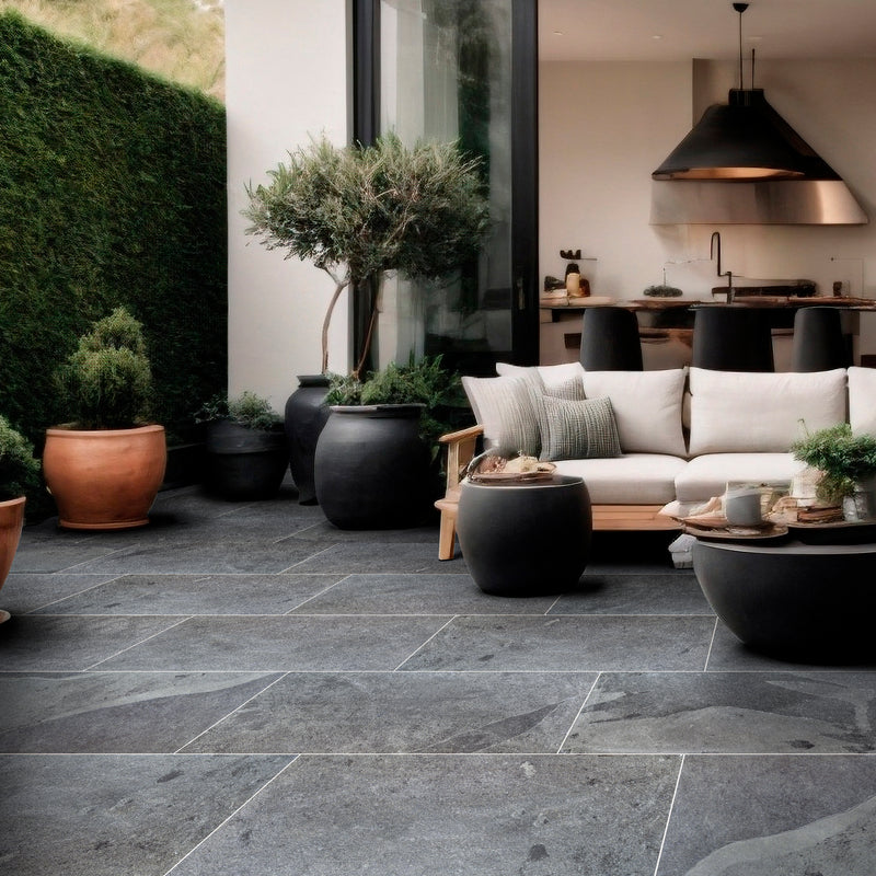 Montauk black 18 in x 36 in gauged slate floor and wall tile SMONBLK1836G product shot outdoor 3 view