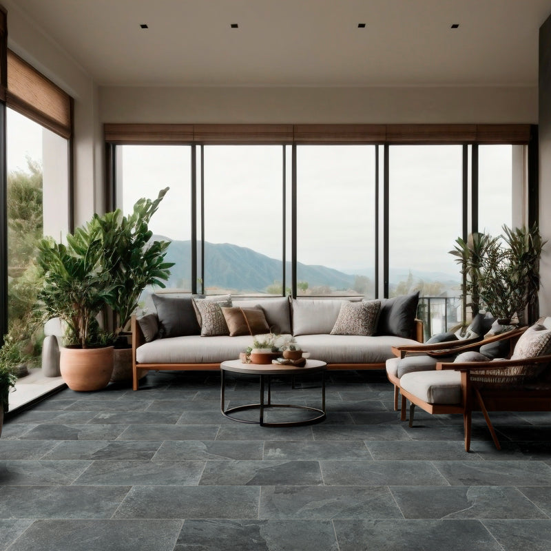 Montauk blue 12 x 24 gauged slate floor and wall tile SMONBLU1224G product shot tile living room view