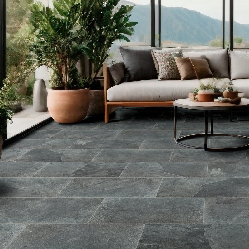 Montauk blue 12 x 24 gauged slate floor and wall tile SMONBLU1224G product shot tile living room view