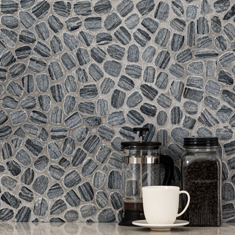 Henley Pebble 12"x12" Tumbled Marble Mosaic Floor and Wall tile - MSI Collection kitchen with cup view